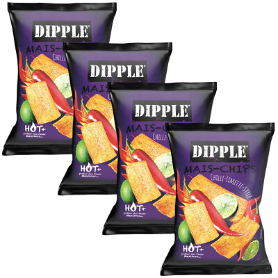 4x Dipple Mais Chips Chilli Limette 90 g Chips Dippen Knabbern (27,75 EUR/kg)