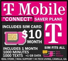 T-Mobile CONNECT ✅ SIM AND MONTH! ✅1000 TALK/TEXT + 1GB DATA ✅ $10 MONTH