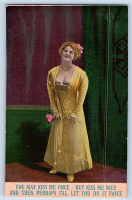 Pretty Woman Postcard Pink Rose Flower You May Kiss Me Once But Kiss Me Nice
