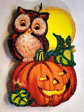 BROWN OWL on JOL PUMPKIN w FULL MOON * Glitter HALLOWEEN ORNAMENT * Vtg Img