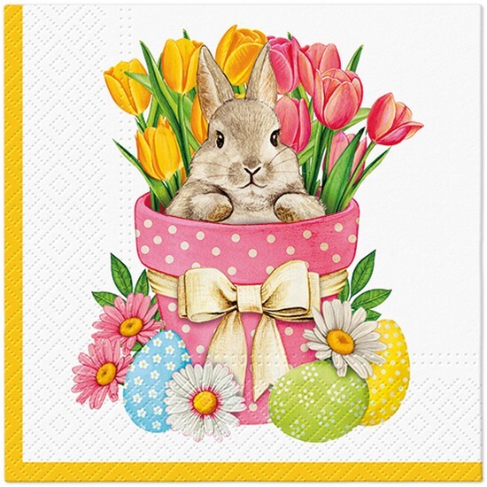 20 Servietten Flower Bunny Hase Blumentopf Tulpen Tupfen FrüHling Ostern 33X33Cm-image