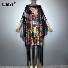 Retro Fringed Dress Women Crumple Fashion Kaftan Loose Boho Robe Holiday Elegant