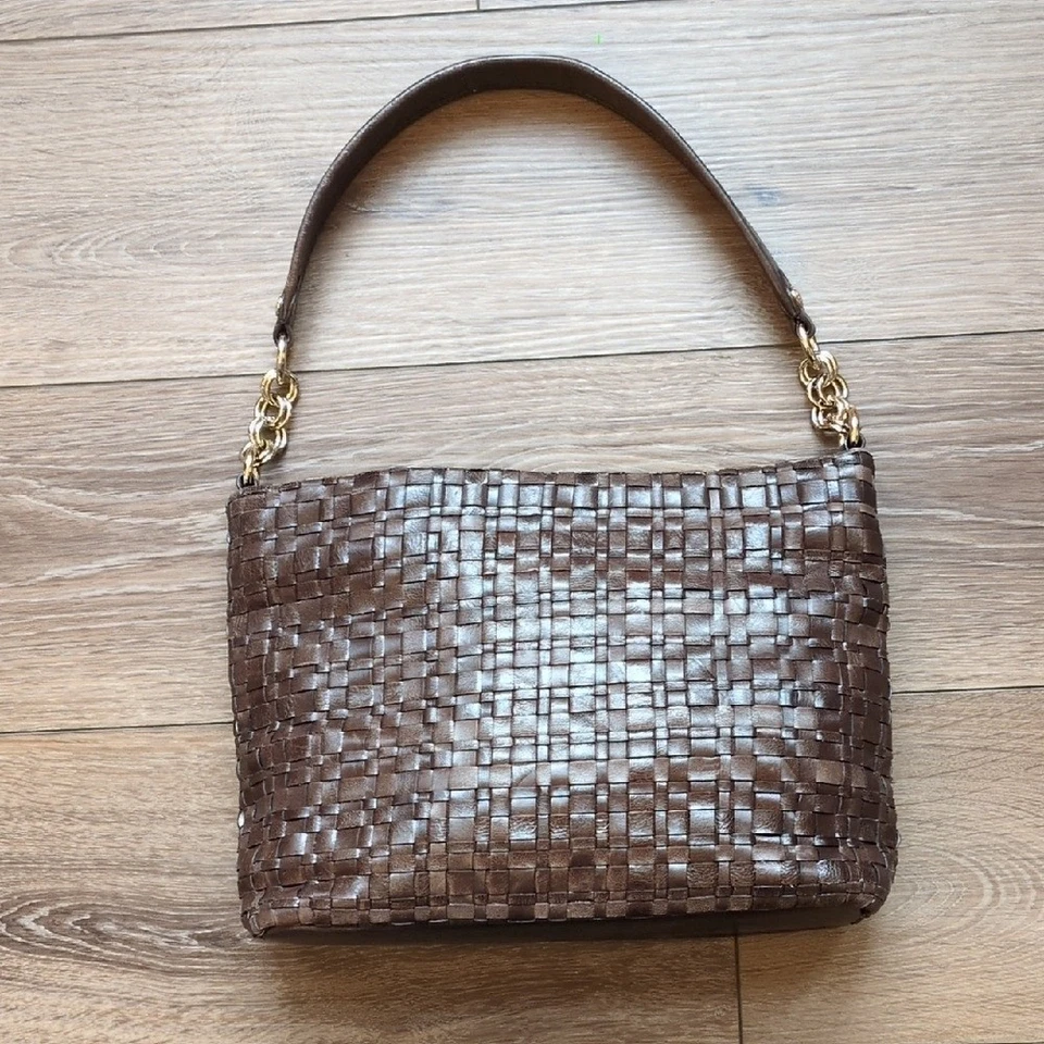 Elliott Lucca Chocolate Brown Woven Soft Leather Shoulder Purse Gold Hardware - Image 2 of 4