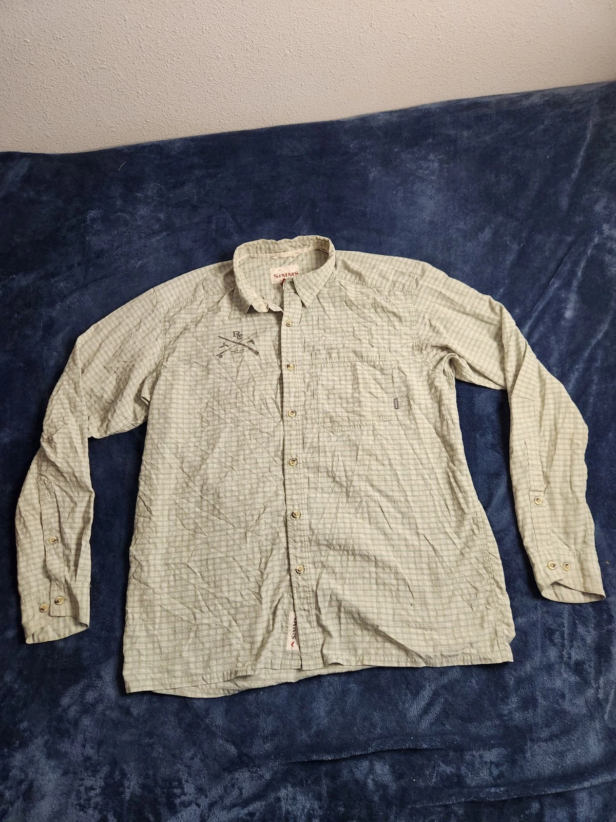 Simms Button Up Fishing Shirt Mens Size Large Plaid Green White Outdoors Hiking