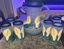 Vintage Blown Glass Pitcher And 6 Tumblers
