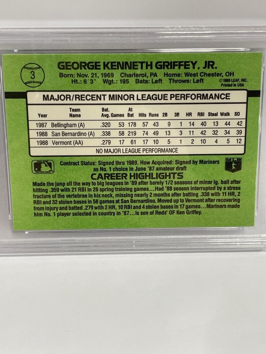 1989 Donruss Rookies Ken Griffey Jr. Baseball Card #3 PSA Mint 9 view 3