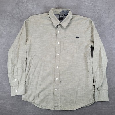 Volcom Mens Long Sleeve Button Down Shirt Green Slub Textured Size Medium