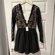 Missguided Women’s Black Lace Long Sleeve Plunge Dress Size 10 New