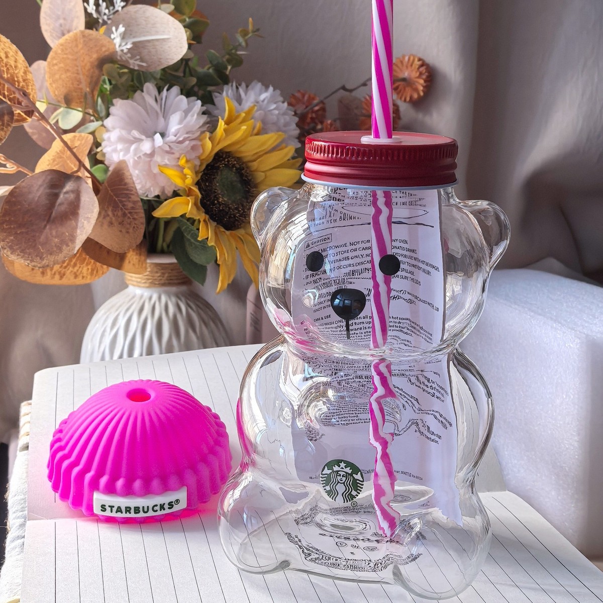 2026 Starbucks Bearista Rose Red Bear Glass Tumbler Cold Cup w 