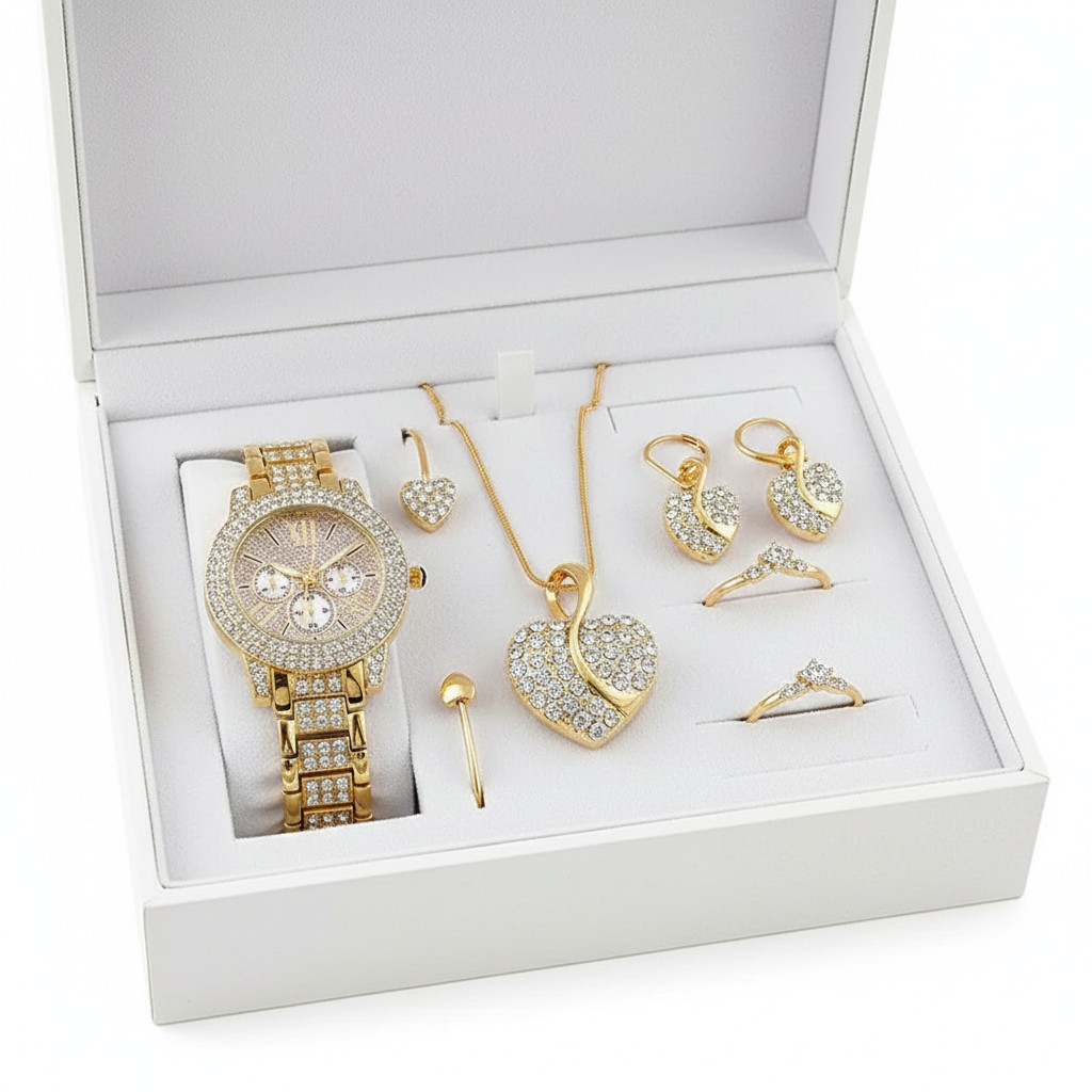 6PCS Rose Gold Luxury Watch Necklace &Earring Ring Set for Women Rhinestone Gift