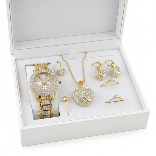 6PCS Rose Gold Luxury Watch Necklace &Earring Ring Set for Women Rhinestone Gift