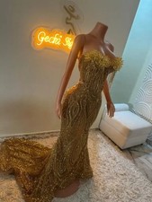 Gold Prom Dresses Strapless Sequin Crystal Tassel Evening Gowns Small Tail
