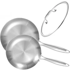 LOLYKITCH 8.5-10" Stainless Steel Frying Pans Set, Induction, Oven Safe w/ Lid