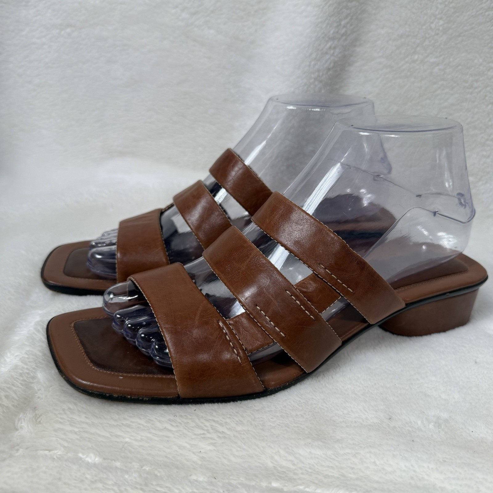 Cole Haan Brown Leather Strappy Slide Sandals Low Heel Square Toe Womens 8