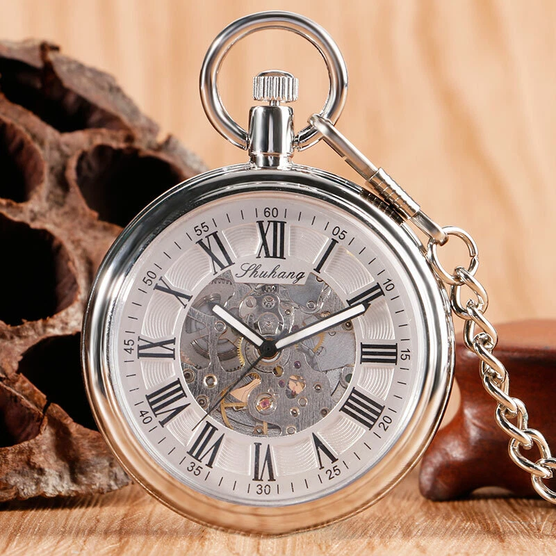 Silver Tone Automatic Mechanical Pocket Watch Vintage Retro Open