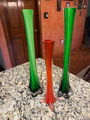 Lot of 3 /Eiffel Tower 2 Green Glass Vases 16'' ,  1 Dk Green  8''