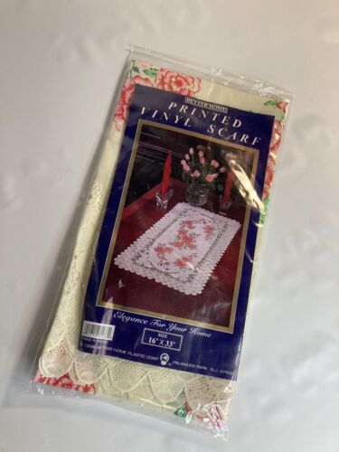 Better Home Printed Vinyl Table Scarf Doily Runner 16x33" Red Flowers