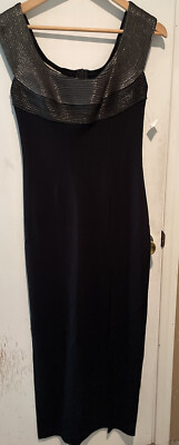 VTG CACHE ''CLEOPATRA'' GOWN Dress Black gold glitter pleated bib accents Size 8
