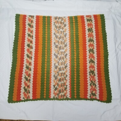 Vintage Hand Crocheted Sofa Throw MCM Color Scheme Green Gold Orange Cream 70x36