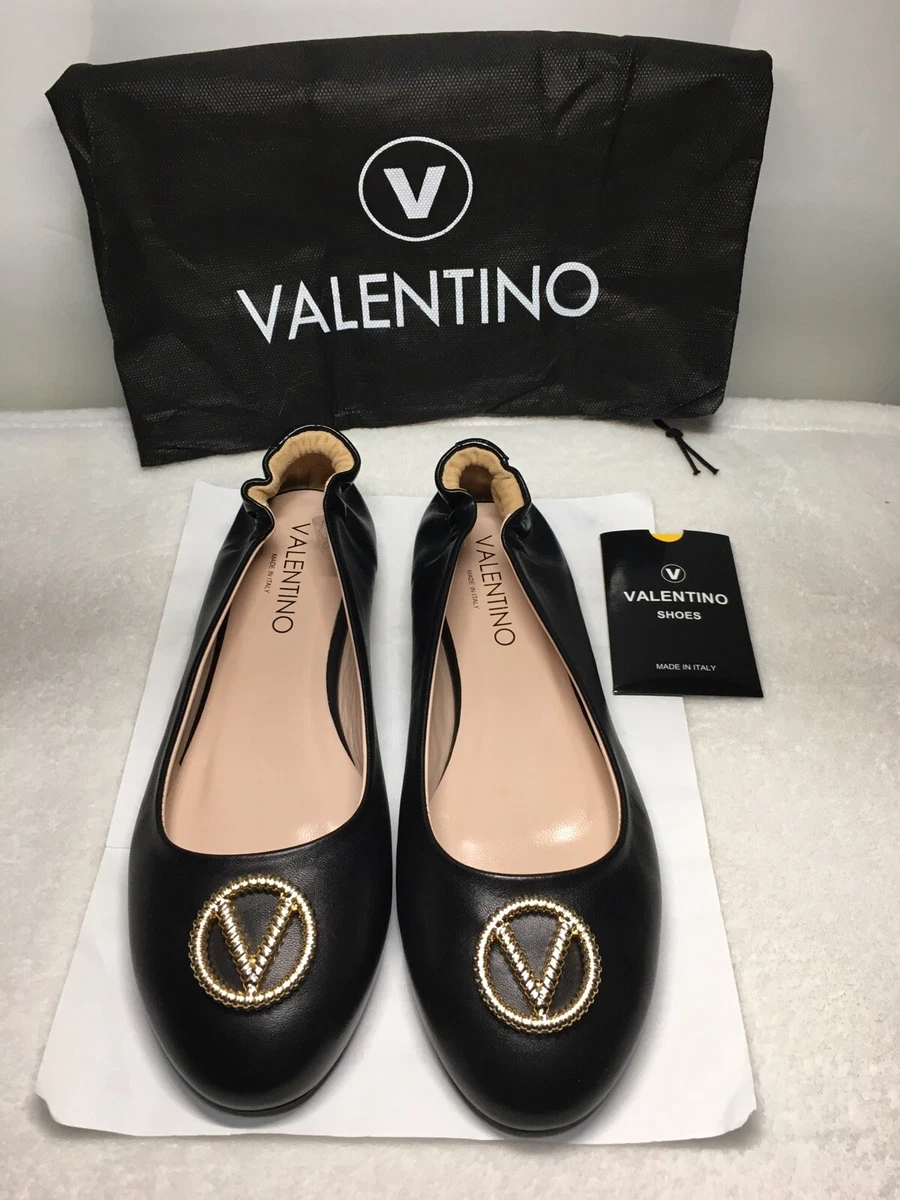 Mario Valentino Black Malva V-Logo Ballet Flats Leather Mini Heel Size 10