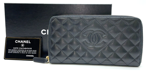 Auth CHANEL Caviar Leather Coco Mark Round Zippy Wallet W/Box NS040765