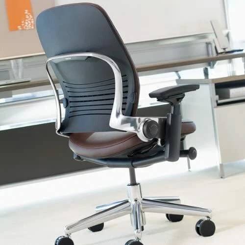 Steelcase Leap Desk Chair Espresso Leather Aluminum V2 Soft Hard