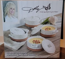 DOLLY PARTON Set of 4 Speckled Stoneware Casserole Dishes With Lids - Brand New