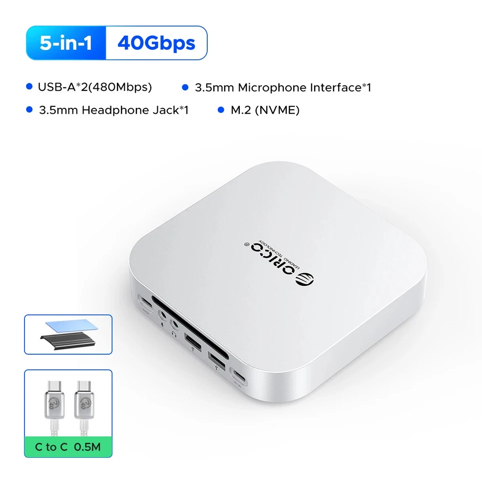 USB HUB Docking Station for Mac Mini M4 M4 pro 40Gbps USB-A/C Ports M.2 NVMe SSD