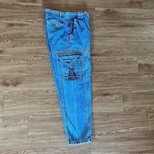 VTG 90s Bugle Boy Acid Wash Cargo Baggy Tapered Denim Jeans Blue women size P8E