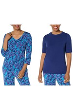 Susan Graver Women's 2pk Liquid Knit Print & Solid Tops Leaf/Royal