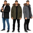 Mens Padded Parka Jacket Faux Fur Hood Quilted Lining Popper Zip Winter Coat