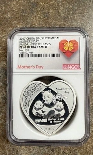 2017 China 50g Silver Medal, Panda, Mother’s Day NGC Certified PF69