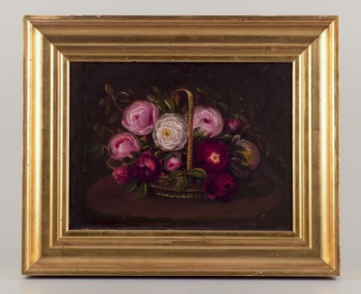 Danish painter. Oil on canvas. Still life with roses in basket. Late 19th C