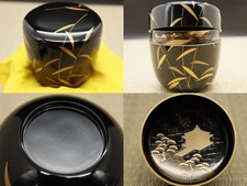 Japanese Traditional Lacquer Wooden Tea caddy O-Natsume- Ukimido Maki-e (SE11)