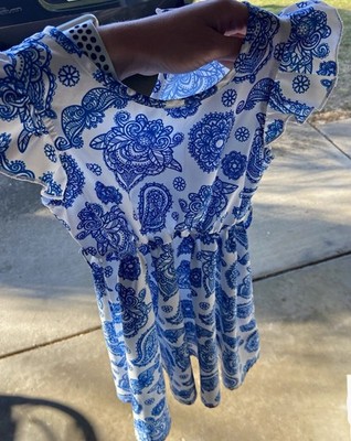 Patpat White/Blue Paisley Fit & Flare Knee Length Dress S Ruffle Flutter Sleeve