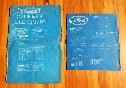 2 Rare 1930 OLD Vintage Original DAY-LO Neon Sign Blueprint specs FORD Oval + 1
