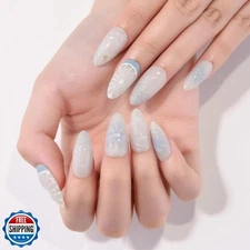 evpct Spring and Summer Press on Nails Medium Almond, Pearl White Blue Fake N