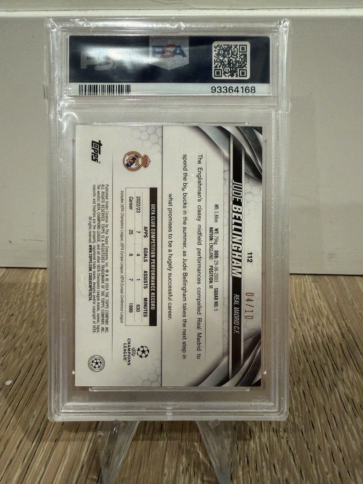2023-24 TOPPS UEFA Jude Bellingham Icy Black Foilboard 4/10 PSA 9 view 2