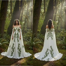 Green Leaf Embroidery Wedding Dress With Cape A-line Lace-up Train Bridal Gowns