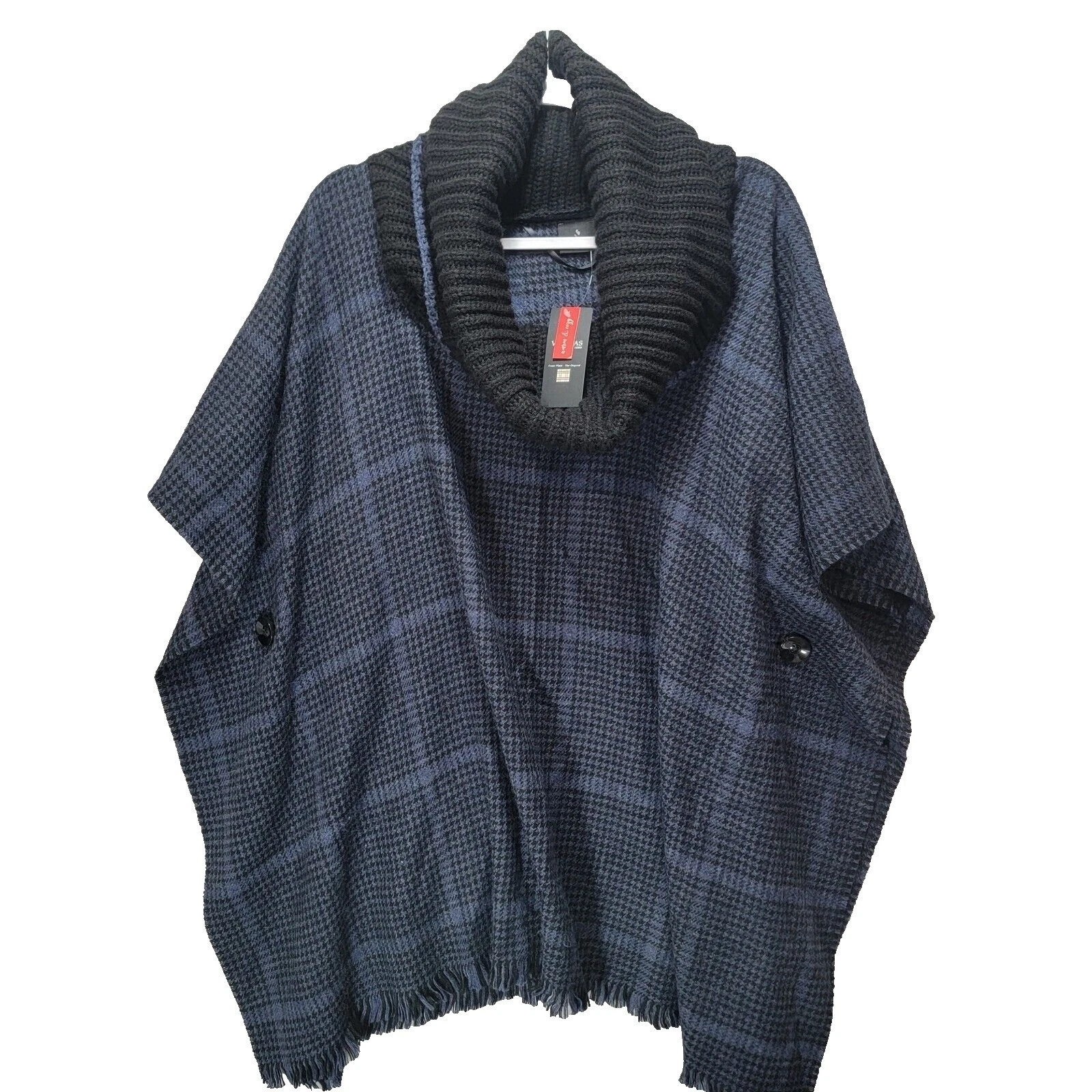 Fraas Knit Poncho Sweater Top Womens OS Cowl Neck Black Blue Plaid Button Loose
