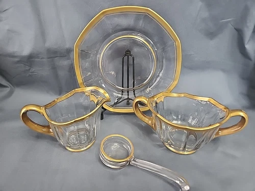 Vintage  Depression Glass 24k Cream Sugar Ladle Plate Set ~ Duncan & Miller