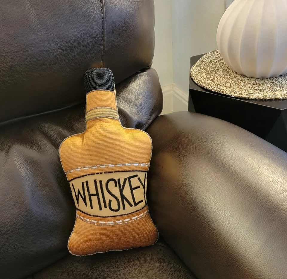 Beaded Gold Whiskey Bottle Pillow Embroidered 15 in Gift Throw Cushion Liquor - Image 2 of 4