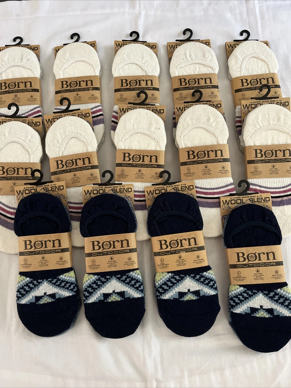 Born Outdoor Liner Socks No Show Wool Blend, 14 Pair Lot, New In Pkgs.