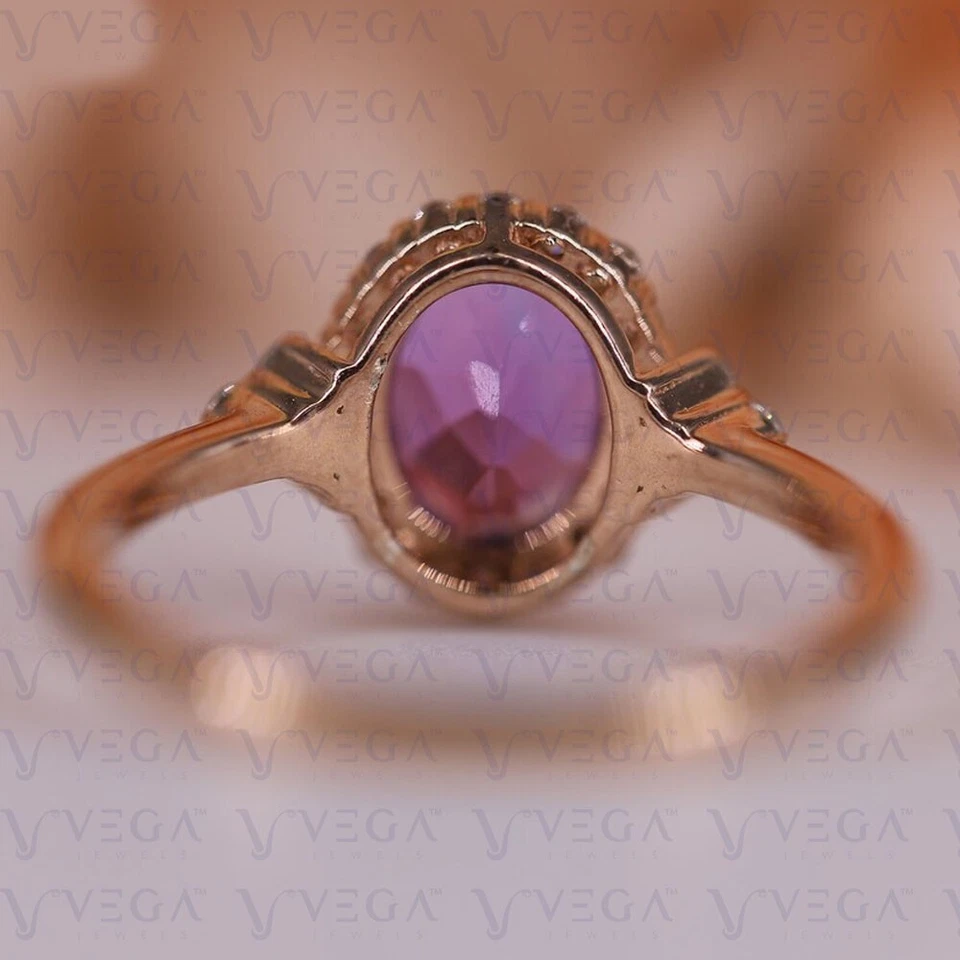 Anillo de compromiso de diamantes y amatista natural de corte ovalado de 3,36 quilates de oro rosa macizo de 14 quilates Foto 4 de 4