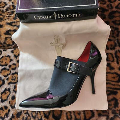 $1000 Cesare Paciotti Boots Gothic Buckle Black Patent Stiletto