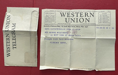 1931 WESTERN UNION w/ Envelope Coatesville PA Mrs George Wilkinson Died Akron OH