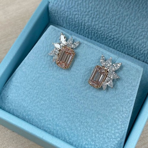 IGI 3.20 TCW Emerald Lab Grown Fancy Intense Pink Diamond Cluster Earrings 14k - Picture 3 of 16