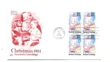 2108 Santa Christmas 1984 ArtCraft block of 4 FDC