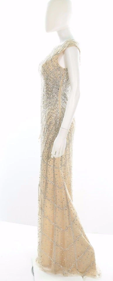 Vestido Terani Couture Cristal Crema Largo Desfile Cierre Lateral Cremallera Talla 4 Foto 3 de 4