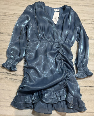 Day + Moon Small Blue Eyes on Me Dress Shimmer Wrap Long Sleeve V Neck Cocktail